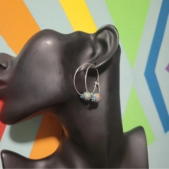 New Handmade Iridescent Glass Beads On Silver Colored Hoop Earrings Gift Boxed - Picture 5 of 9